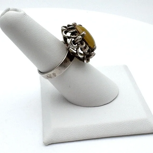 Vintage 1960-70 Sterling Silver Yellow Stone Ring Sz 6.75 Retro Ornate Metalwork - Picture 3 of 11